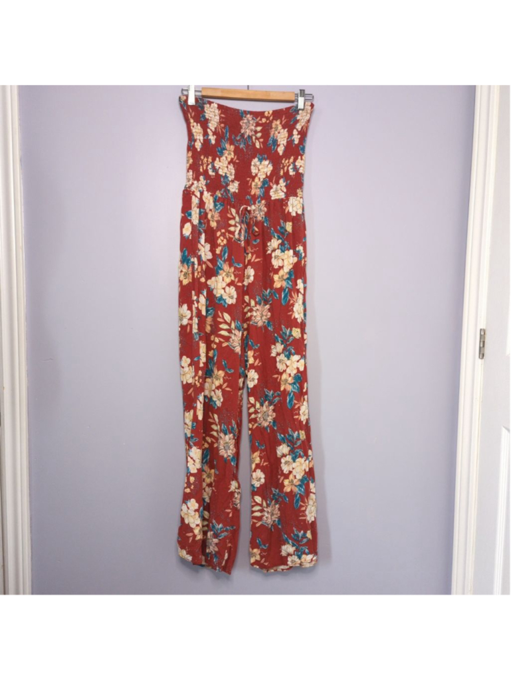 Smocked Floral Strapless Jumpsuit Sz M Wide Leg Rust Orange Boho Chic - Picture 5 of 10
